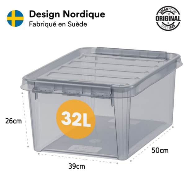Boîte de rangement grise rose ou Bleue avec couvercle 32 litres