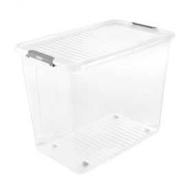 Grande Caisse transparente avec couvercle clips et roulettes 74 litres