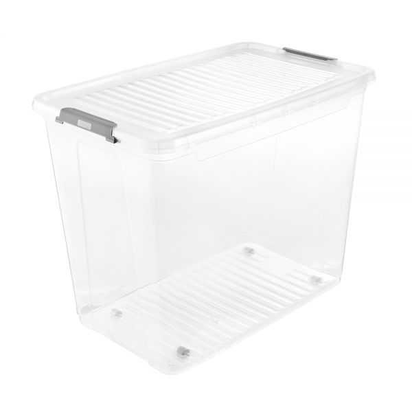 Grande Caisse transparente avec couvercle clips et roulettes 74 litres