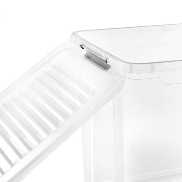 Grande Caisse transparente avec couvercle clips et roulettes 74 litres